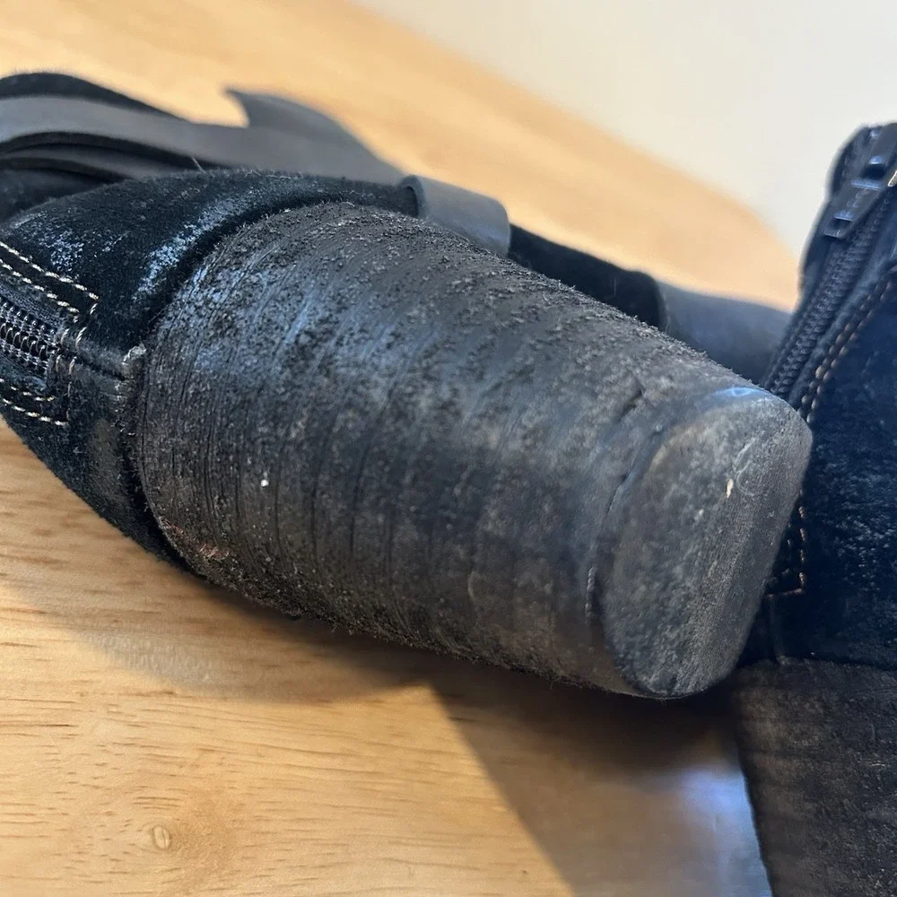 Women Korks Black Leather Suede Buckle Strap Ankle Heeled Boots Booties 8.5‎